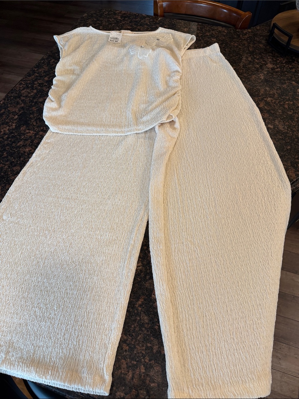 Ivory Two-Piece Knit Pants Set - Soft Wide-Leg Lounge Pants NEW 1X